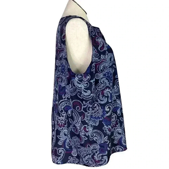 CJ Banks Women 3X Paisley Pleated Sleeveless V Neck Top Blue Polyester Crepe - Picture 3 of 5